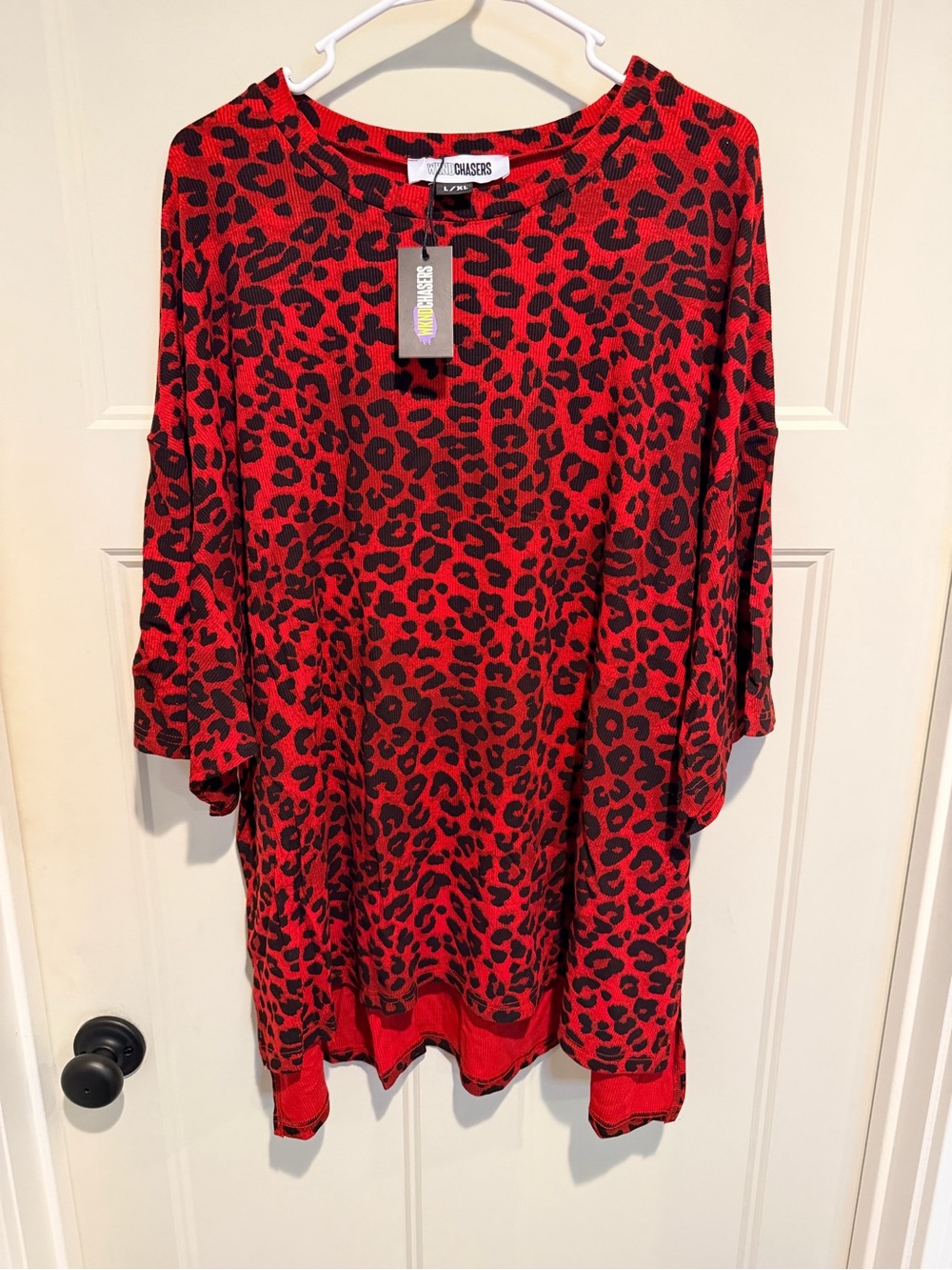 NWT WKND Chasers Red Leopard Print Women's Oversized Tee - L/XL